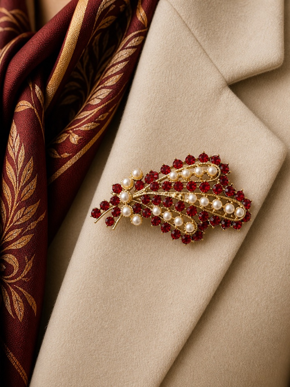 Vintage Red Rhinestone Pearl Leaf Brooch Gold Tone Mid Century Pin